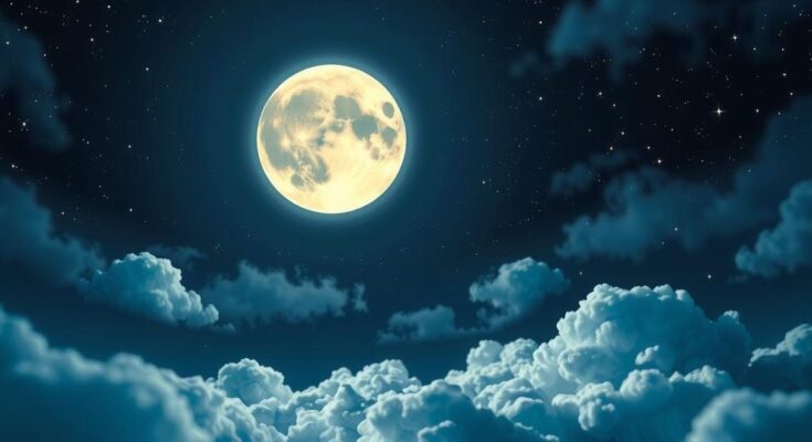 Night sky with new moon in Taurus surrounded by shimmering stars and soft clouds, symbolizing new beginnings.