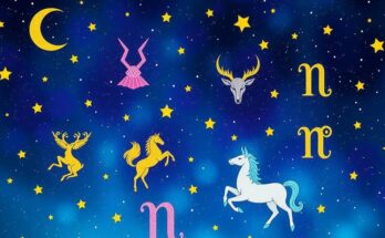 Colorful zodiac illustrations representing each sign's unique traits and weekly horoscopes in a starscape setting.