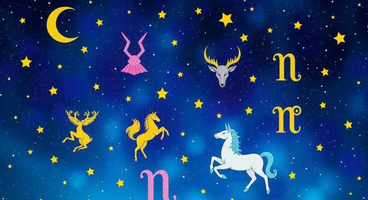 Colorful zodiac illustrations representing each sign's unique traits and weekly horoscopes in a starscape setting.