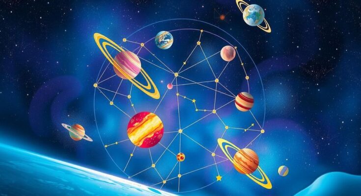 A celestial scene depicting zodiac constellations and planets against a cosmic background, conveying power and introspection.