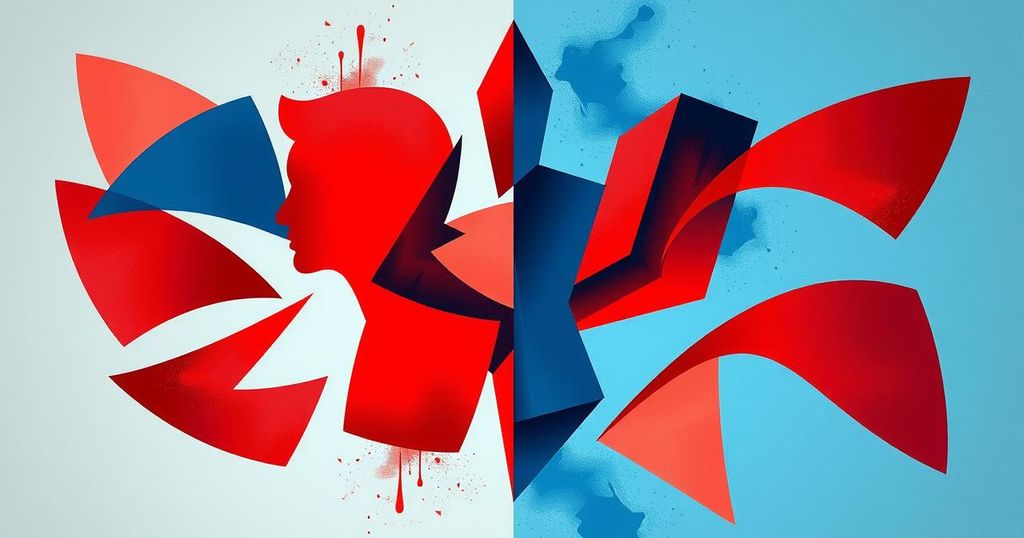 A divided congregation of abstract shapes representing differing American political views, featuring blue and red hues.