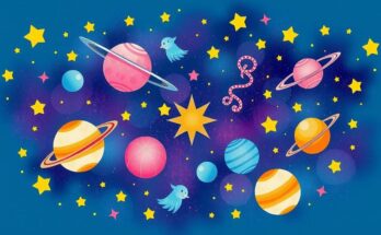An abstract astrological illustration featuring zodiac symbols, celestial elements, and vibrant colors.