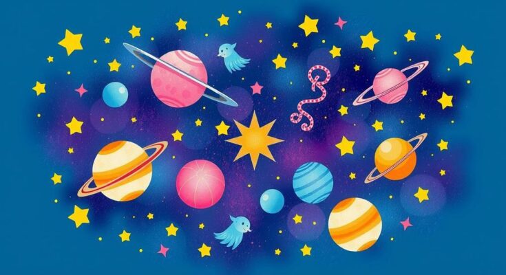An abstract astrological illustration featuring zodiac symbols, celestial elements, and vibrant colors.