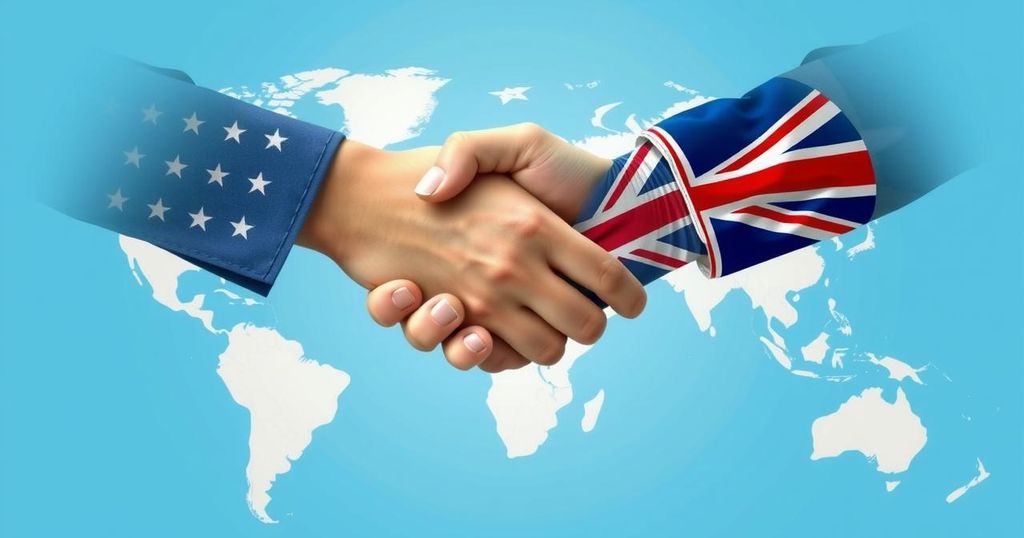 A symbolic representation of international trade with a handshake over a global map, focusing on U.S. and U.K. flags.