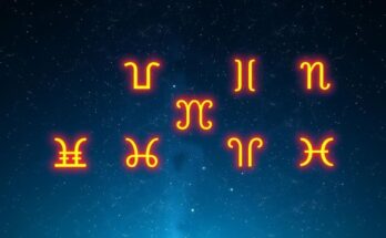Astrological symbols representing zodiac signs with a cosmic background in soft blue and gold tones.