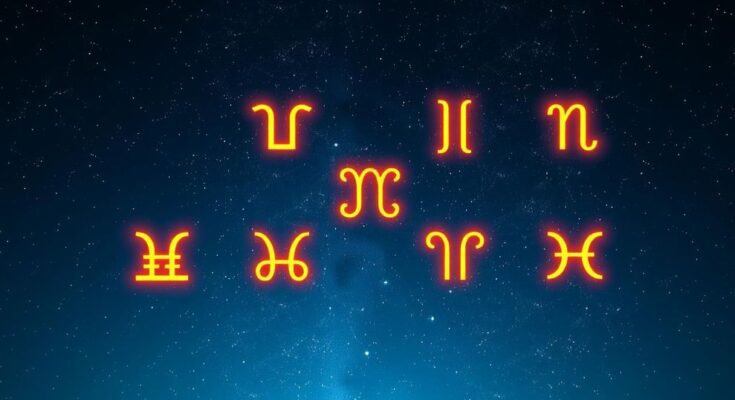 Astrological symbols representing zodiac signs with a cosmic background in soft blue and gold tones.