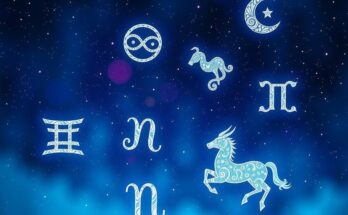 A celestial theme showing zodiac signs and stars in a dreamy night sky with a gradient of blue and purple hues.