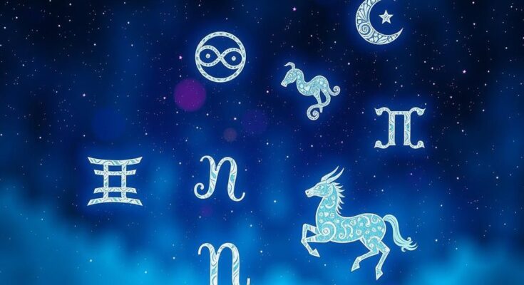 A celestial theme showing zodiac signs and stars in a dreamy night sky with a gradient of blue and purple hues.