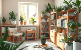 A serene morning scene in a cozy home office, with soft light illuminating books and plants, reflecting ambition and warmth.
