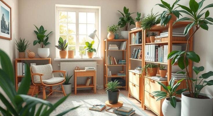 A serene morning scene in a cozy home office, with soft light illuminating books and plants, reflecting ambition and warmth.