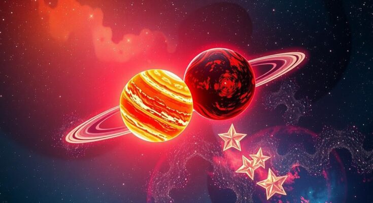 A cosmic design featuring the planets Venus and Mars in vibrant fire colors, symbolizing love and connection.