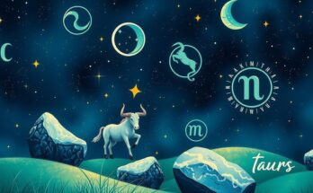 A celestial scene depicting zodiac signs with Mercury in Taurus, showcasing stars, earth elements, and cosmic influences.