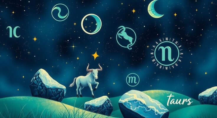A celestial scene depicting zodiac signs with Mercury in Taurus, showcasing stars, earth elements, and cosmic influences.