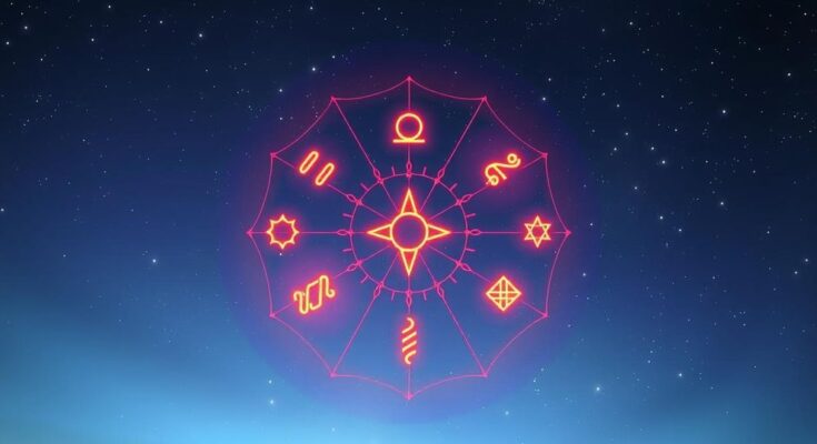 Astrological symbols against a serene twilight sky, symbolizing introspection and self-discovery in astrology.