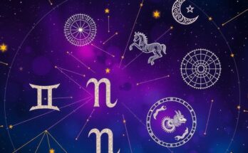 Astrological symbols and astrological signs with a celestial background representing horoscopes.