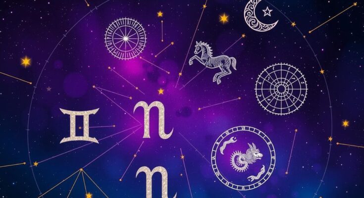 Astrological symbols and astrological signs with a celestial background representing horoscopes.