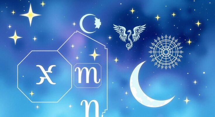 A vibrant astrological theme with zodiac symbols and twinkling stars against a cosmic background.