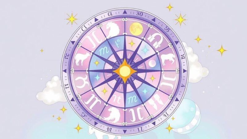 An abstract zodiac wheel representing various astrological signs with celestial elements and soft pastel colors.