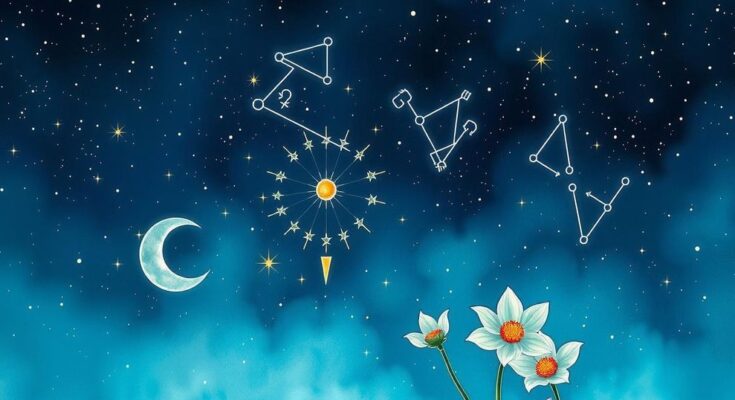 Celestial constellations representing zodiac signs with Taurus motifs in a serene night sky.