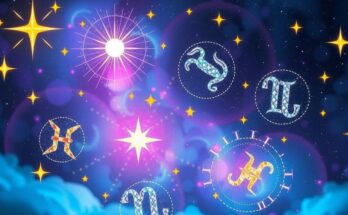 Symbolic representation of zodiac signs with vibrant colors and astrological motifs, capturing cosmic energy and opportunity.