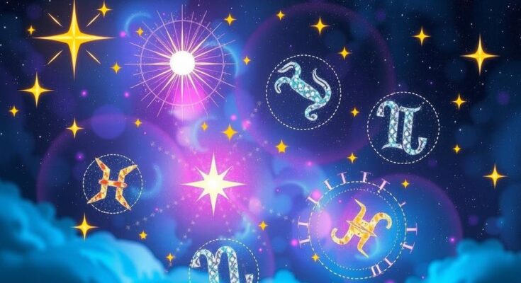 Symbolic representation of zodiac signs with vibrant colors and astrological motifs, capturing cosmic energy and opportunity.