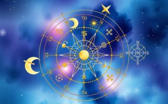 Astrological symbols on a celestial background depicting daily horoscopes awareness and guidance.