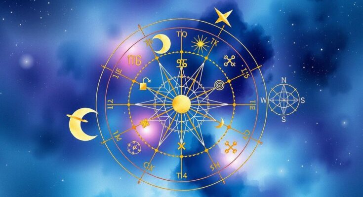 Astrological symbols on a celestial background depicting daily horoscopes awareness and guidance.