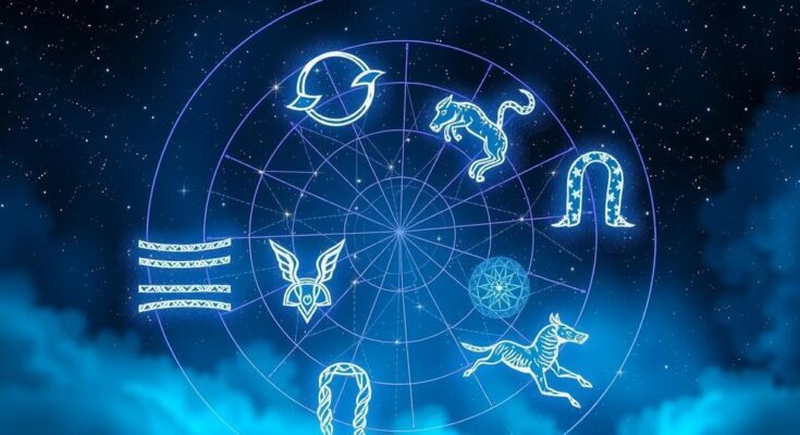 An astrological theme featuring zodiac symbols in vibrant colors against a starry night sky.