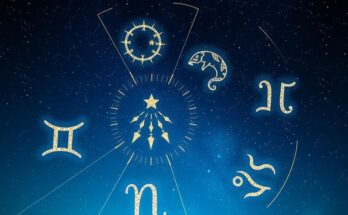 Celestial imagery symbolizing astrology with zodiac symbols in a starry night sky, featuring vibrant blue and gold colors.