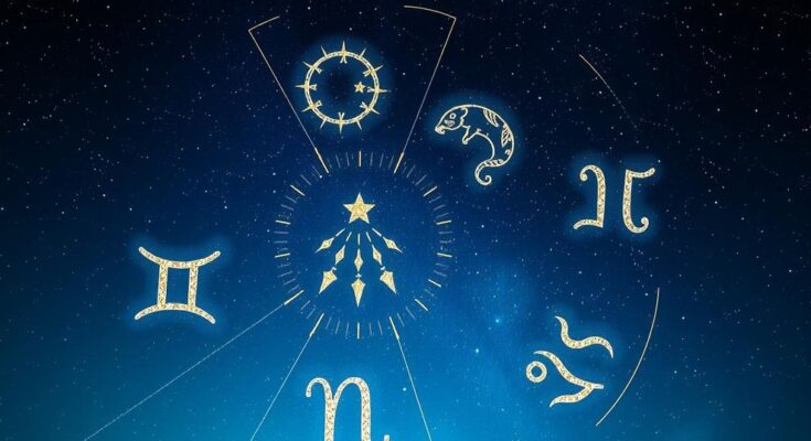 Celestial imagery symbolizing astrology with zodiac symbols in a starry night sky, featuring vibrant blue and gold colors.