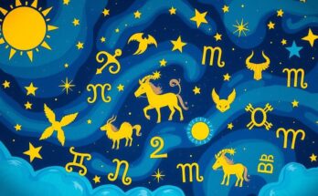 Colorful astrological symbols representing zodiac signs in a cosmic background with stars and the sun.