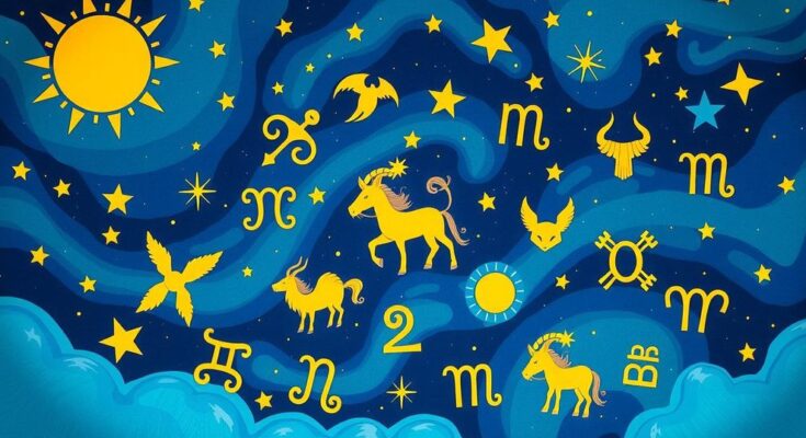 Colorful astrological symbols representing zodiac signs in a cosmic background with stars and the sun.