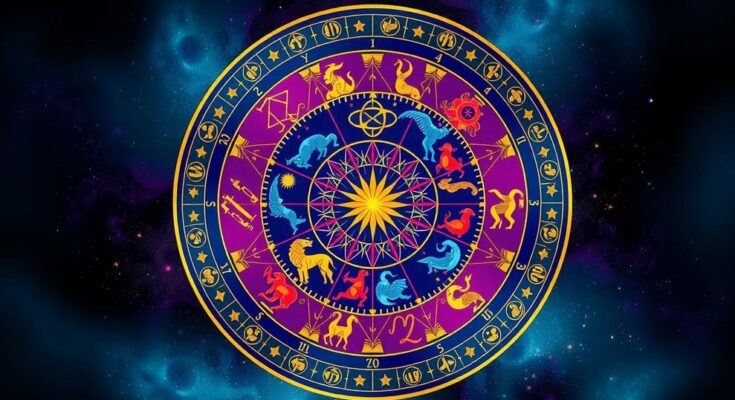 A zodiac wheel featuring astrological signs in vibrant colors, surrounded by celestial elements and stars.