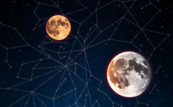 A constellation-themed representation of Leo zodiac sign with a Taurus and Gemini moon in the night sky, vibrant colors.