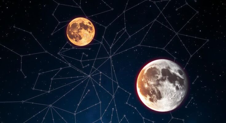 A constellation-themed representation of Leo zodiac sign with a Taurus and Gemini moon in the night sky, vibrant colors.