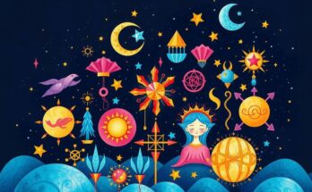 Astrological symbols and celestial motifs representing horoscope signs against a starry night sky backdrop.