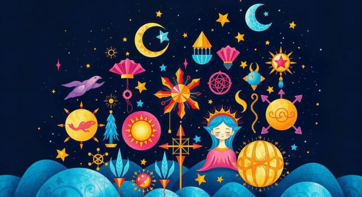 Astrological symbols and celestial motifs representing horoscope signs against a starry night sky backdrop.