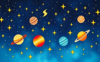 A celestial-themed illustration showcasing zodiac signs, vibrant stars, and planets in harmonious colors.