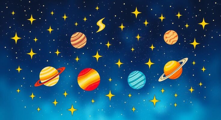 A celestial-themed illustration showcasing zodiac signs, vibrant stars, and planets in harmonious colors.