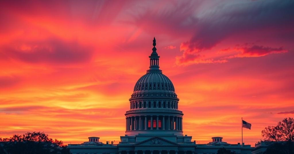 A striking composition of the Capitol building with a dynamic sunset in vibrant orange and purple hues.