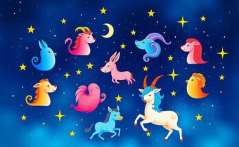 Colorful zodiac symbols with a celestial background representing horoscopes for the week.