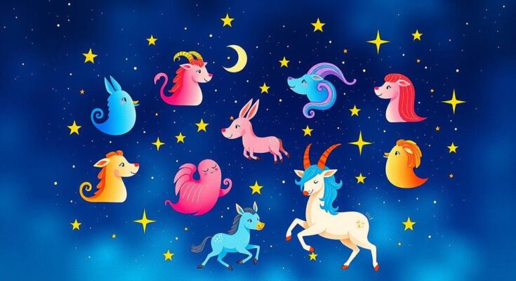 Colorful zodiac symbols with a celestial background representing horoscopes for the week.
