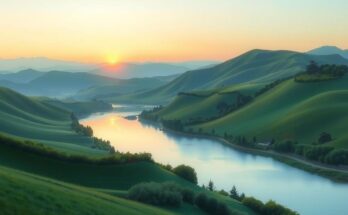 A serene landscape representing self-discovery and change, with soft greens and blues in an impressionist style.