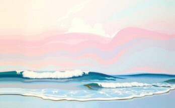A serene coastal scene symbolizing balance, featuring soft waves under pastel skies with calming colors and smooth textures.