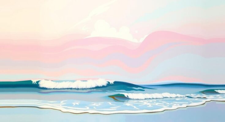 A serene coastal scene symbolizing balance, featuring soft waves under pastel skies with calming colors and smooth textures.