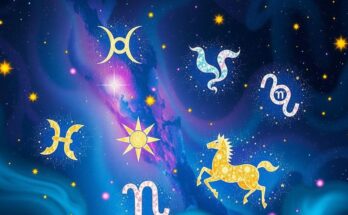 Astrological zodiac symbols on a cosmic background with a dreamlike color palette and starry night sky.