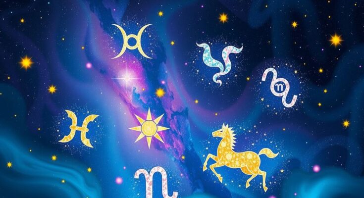 Astrological zodiac symbols on a cosmic background with a dreamlike color palette and starry night sky.