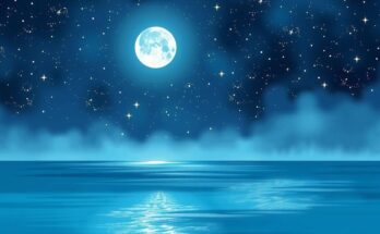 A serene night sky with twinkling stars and a glowing moon over a calm sea, symbolizing connections and creativity.