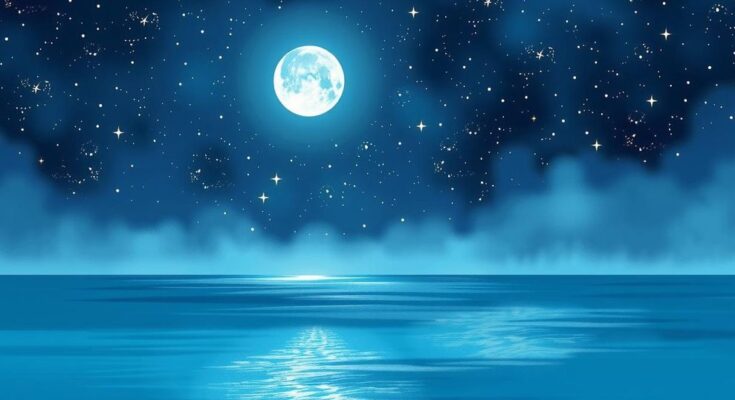 A serene night sky with twinkling stars and a glowing moon over a calm sea, symbolizing connections and creativity.