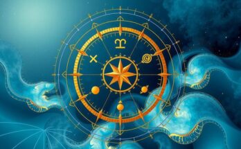 Astrological symbols and cosmic elements in serene blues and golds, symbolizing power and balance in relationships.